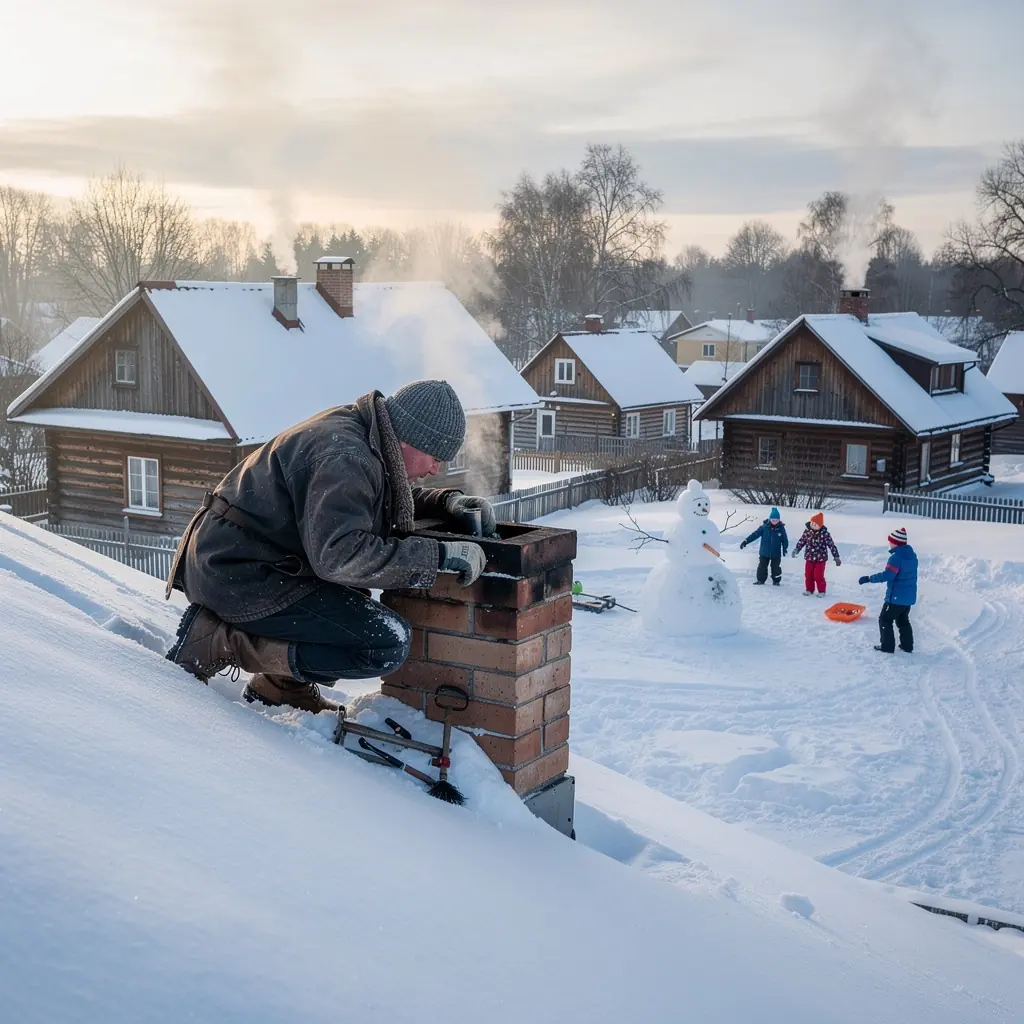 Darbinieks, kas izmanto kameru skursteņa iekšpuses pārbaudei.